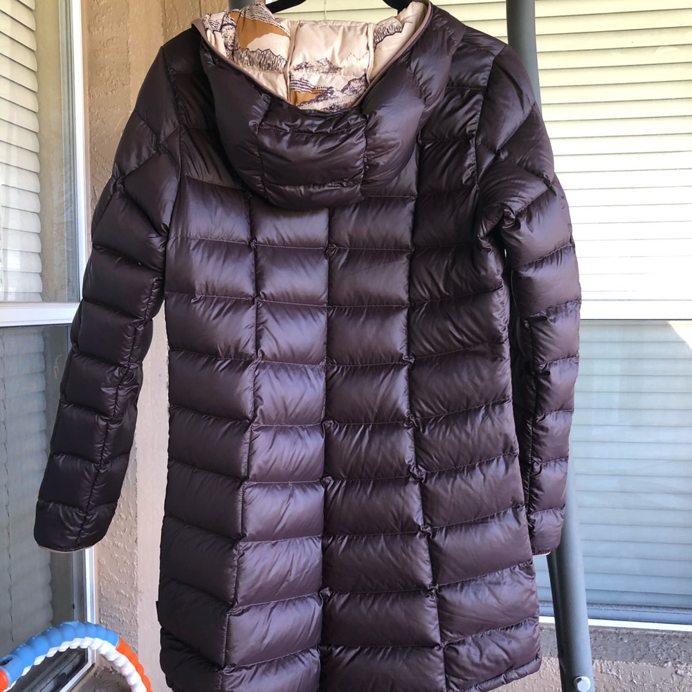 COPY - REI packable down coat, brown, 3/4 length coat